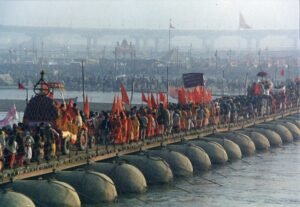 Travellers at Triveni Sangam in Prayagraj during Kumbh Mela