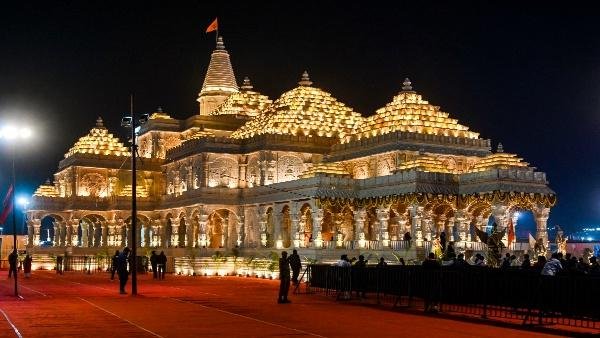 Ram Janmabhoomi Mandir in Ayodhya illuminated at night